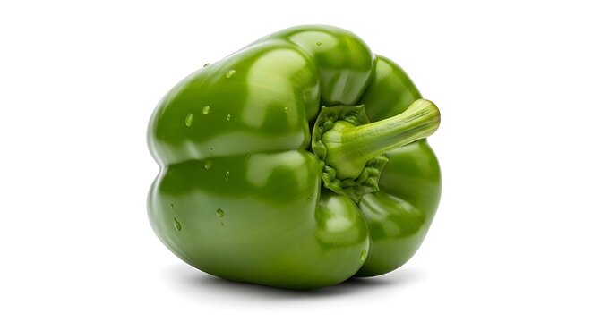 Fresh green bell pepper with water droplets isolated on a white background for food design. poivron vert
