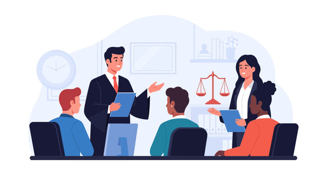 Lawyer Explaining Legal Rights to Clients in a Meeting with Justice Scales