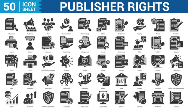 Publisher Rights editable Icon Set Collection Concept With Icon Of plagiarism, audience, fair, public domain, proofreading, editing, and more. Illustration eps 10