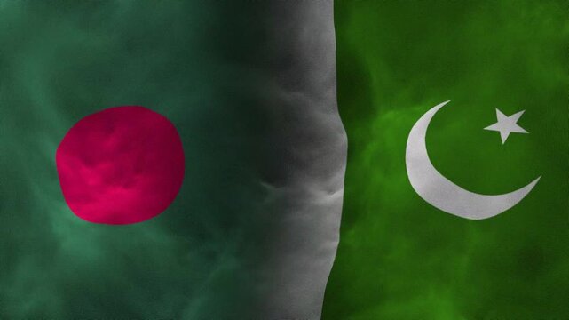 Bangladesh and Pakistan Flags Waving Together with Realistic Fabric Texture. Comparison of Bangladeshi and Pakistani National Flags Waving in Slow Motion