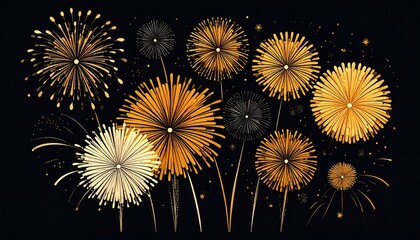 Efektowne złote i czarne fajerwerki rozświetlają nocne niebo podczas uroczystej celebracji sylwestrowej.