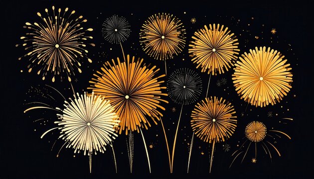 Efektowne złote i czarne fajerwerki rozświetlają nocne niebo podczas uroczystej celebracji sylwestrowej.