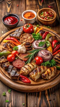 A photo of a plate of Bulgarian cuisine Meshana Scara with various grilled meats and vegetables arranged in an artistic pattern on a rustic wooden boa
