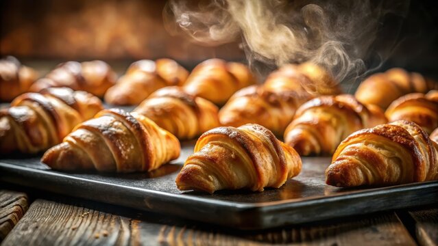 A closeup of freshly baked mini croissants on a warm, goldenbrown baking tray, with steam rising gently from the crisp, flaky pastries