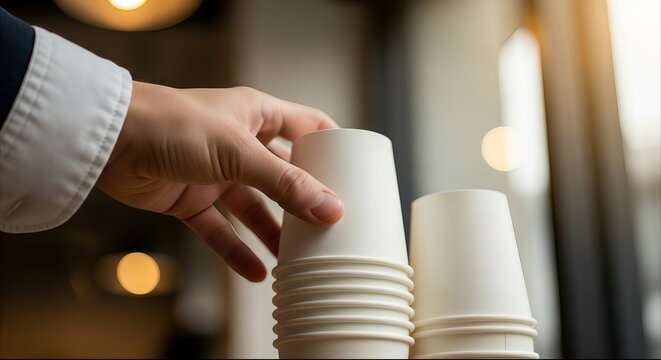 Hand picking up white disposable paper cup from stack in cafe