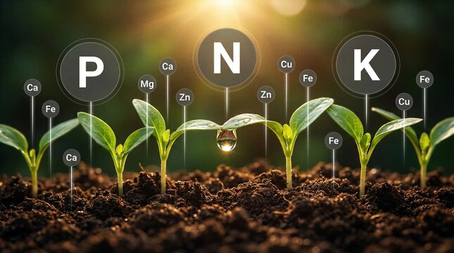 Detailed display of NPK macronutrients and micronutrients above growing green plant seedlings.