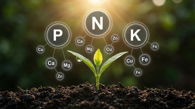 Central plant sprout with large NPK and smaller trace element digital tags in sunlight.
