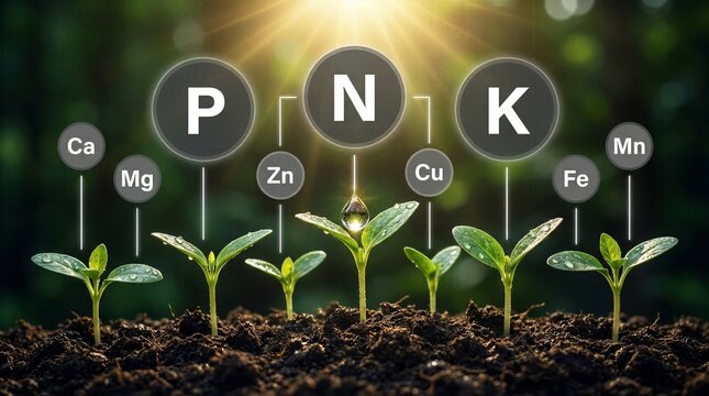 PNK fertilizer elements and trace minerals depicted over a line of healthy green sprouts.