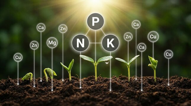Plant growth stages with digital overlay of essential PNK nutrients and trace minerals.