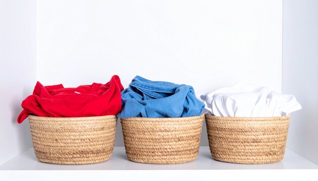 Three wicker baskets with colorful laundry on white shelf