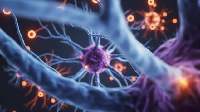 A neuron cell with purple dendrites and blue axons on dark background