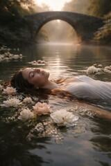 Fototapeta premium Serene woman floating among flowers.