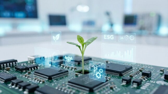 Glowing ESG icons and data charts hovering around a plant sprouting from a green circuit board.