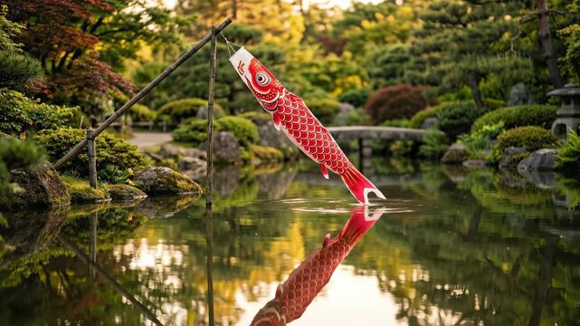 Red koinobori carp streamer reflecting in a tranquil pond in a traditional Japanese garden during golden hour for cultural heritage concept
