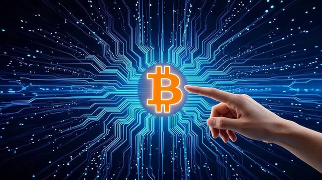 Hand pointing at digital bitcoin symbol