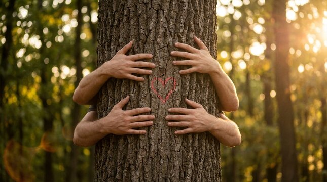 Four hands wrapping around a thick tree trunk with a red heart painted on the bark.