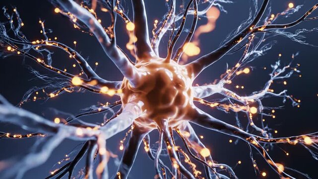 A neuron with glowing orange dendrites on a dark background