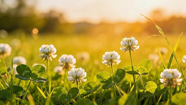 White clover flowers in a sunlit field