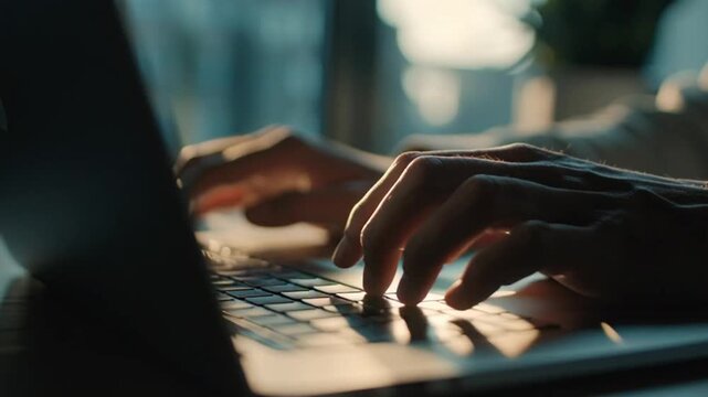 Person typing on laptop keyboard with sunlight casting shadows on hands and keys in a modern office environment close-up view