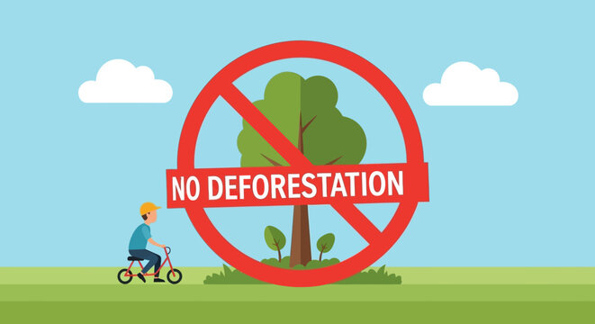 Tree conservation sign with cyclist.