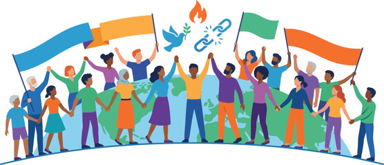 Fototapeta premium Celebration of Independence with Diverse Group Holding Indian Flags