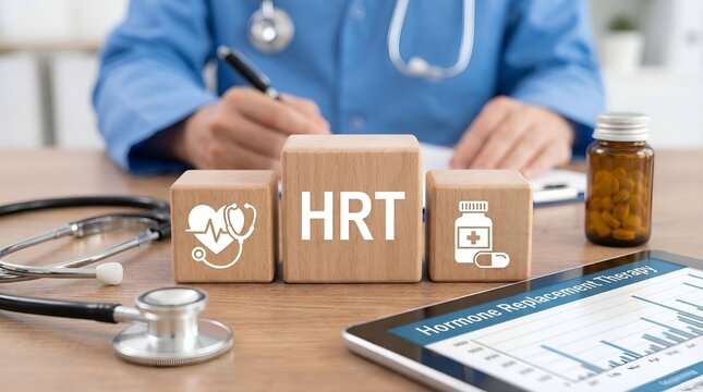 Doctor Writing Prescription with HRT Wooden Blocks Hormone Replacement Therapy Concept with Stethoscope, Medication Bottle, Heart Health Icon & Medical Tablet on Doctor's Desk

