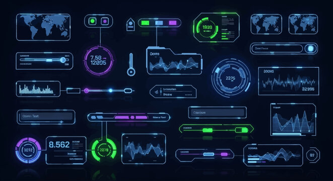 Futuristic digital interface elements with graphs, charts, and world maps on a dark background, representing data visualization and technology.