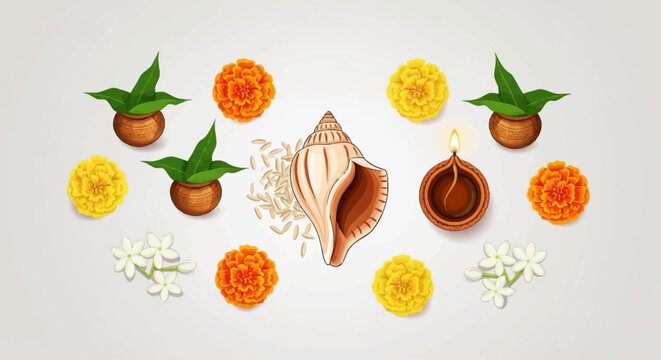 A traditional Indian religious arrangement featuring a conch shell, a diya lamp, marigolds, jasmine flowers, and potted plants.