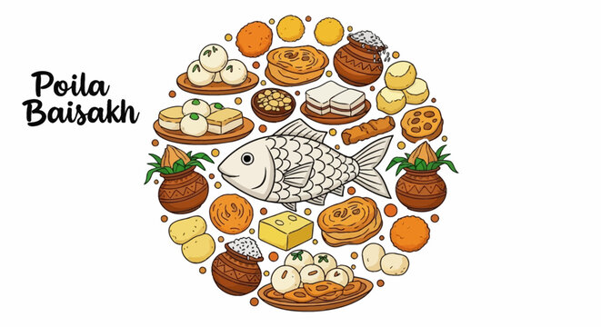 A vibrant circular arrangement of traditional Bengali New Year (Poila Baisakh) food items and symbols, featuring a central fish illustration.