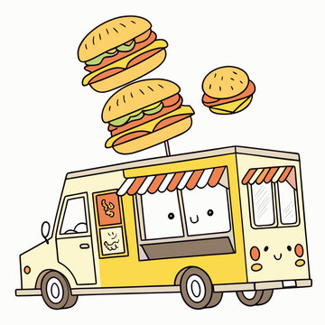 Cute Food Truck Selling Burgers on a White Background in Clean Minimal Style
