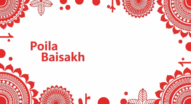 Poila Baisakh greeting card with traditional Bengali motifs and red floral border.