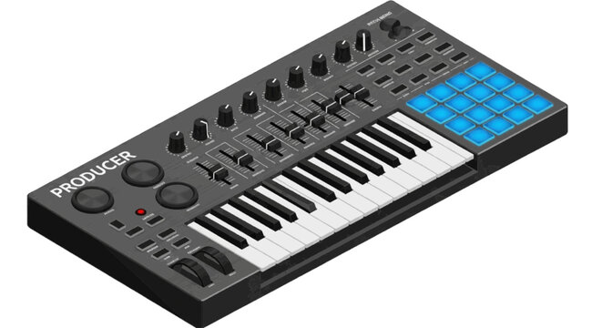 Vector illustration of isometric view of a modern midi keyboard controller for music production on transparence background