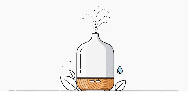 Vector illustration of essential oil diffuser with wooden base and mist on transparence background