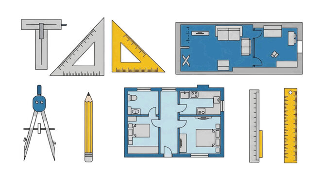 Vector illustration of architectural drafting tools and floor plan blueprints set on transparence background