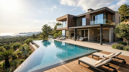 Fototapeta premium Luxury Modern Villa with Infinity Pool and Panoramic Mediterranean Sea View in a Lush Landscape