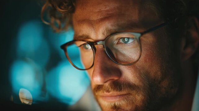 Focused Determination: Close-up of a contemplative individual with glasses, illuminated by a screen, showcasing resolve and thought.