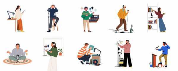 Fototapeta premium Diverse Set of People Recording Podcasts and Broadcasting Radio Shows Using Professional Audio Equipment and Microphones in Flat Vector Illustration Style