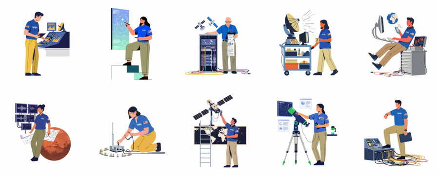 Collection of flat vector illustrations featuring NASA scientists and engineers engaged in various space exploration, technology, and research activities.