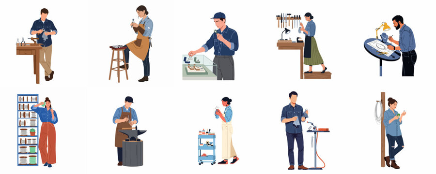 Collection of diverse jewelers and artisans working on jewelry, designing, polishing, and crafting in their workshops using professional tools and equipment.