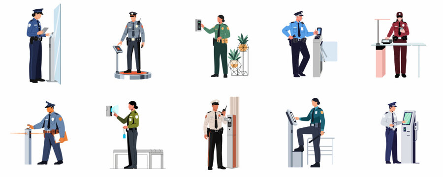 Collection of flat vector illustrations featuring security guards and police officers using modern biometric access control and monitoring technology.