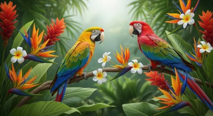 Obraz premium Two vibrant parrots perched on a branch surrounded by colorful flowers and lush greenery in a tropical jungle environment.