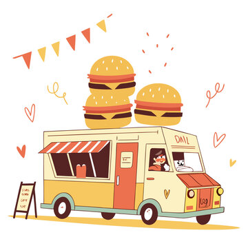 Cute Food Truck Selling Burgers on a White Background in Clean Minimal Style