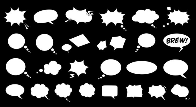Comic speech and thought bubbles vector set. Collection of various blank cartoon dialogue balloons and chat frames for graphic design elements, communication, and messaging.