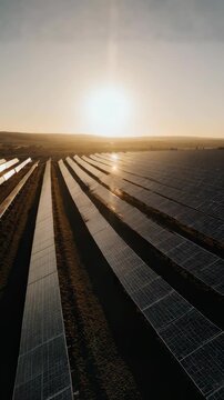 Cinematic drone orbit around a massive solar farm during golden hour, panels reflecting warm sunlight