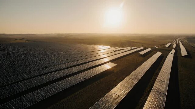 Cinematic drone orbit around a massive solar farm during golden hour, panels reflecting warm sunlight