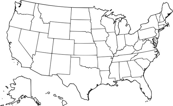 Blank outline map of the United States with state borders, including Alaska and Hawaii, on a white background. Ideal for geography education, design, or as a template.