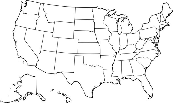 Blank Outline Map of the United States of America with State Borders, Including Alaska and Hawaii, for Geographic Education