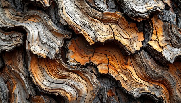 Close-up view of textured bark showcasing intricate patterns, with varying shades of brown, gray, and orange. The aged surface details are evident