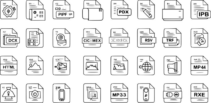 Line Art Document File Type Icons Set: Featuring common extensions like HTML, ISO, ZIP, MP44, PDX, IPB, DCX, RSV, TRF, and more for digital data and storage concepts.
