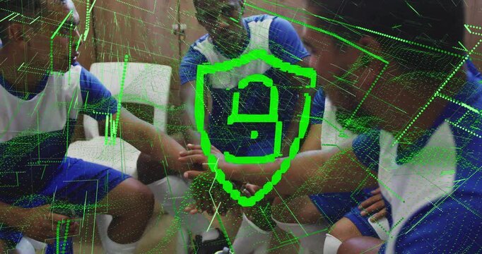 Vertical video: Four soccer players reaching hands and initiating green shield overlay, cheering
